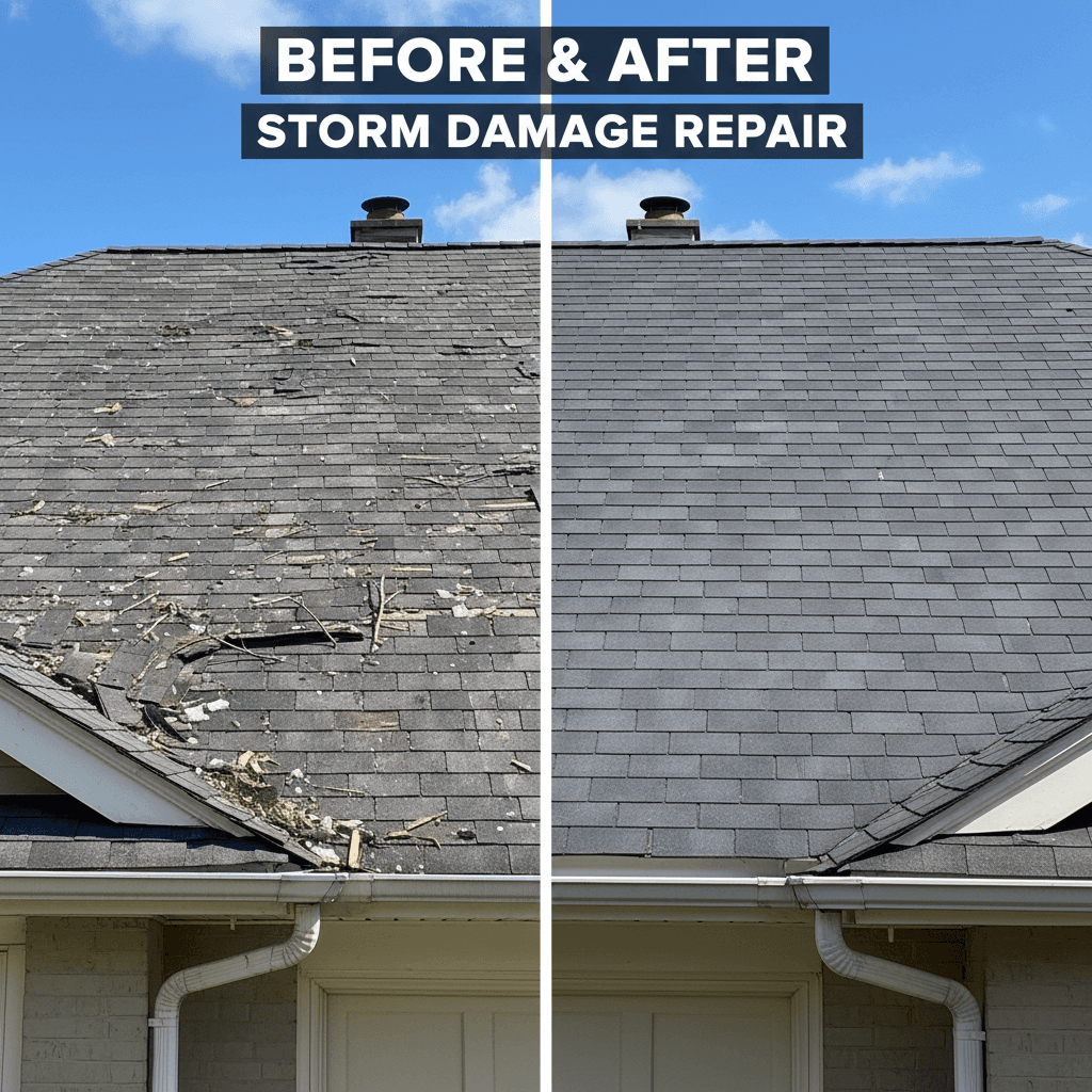 Before and after roof repair showing storm damage restoration