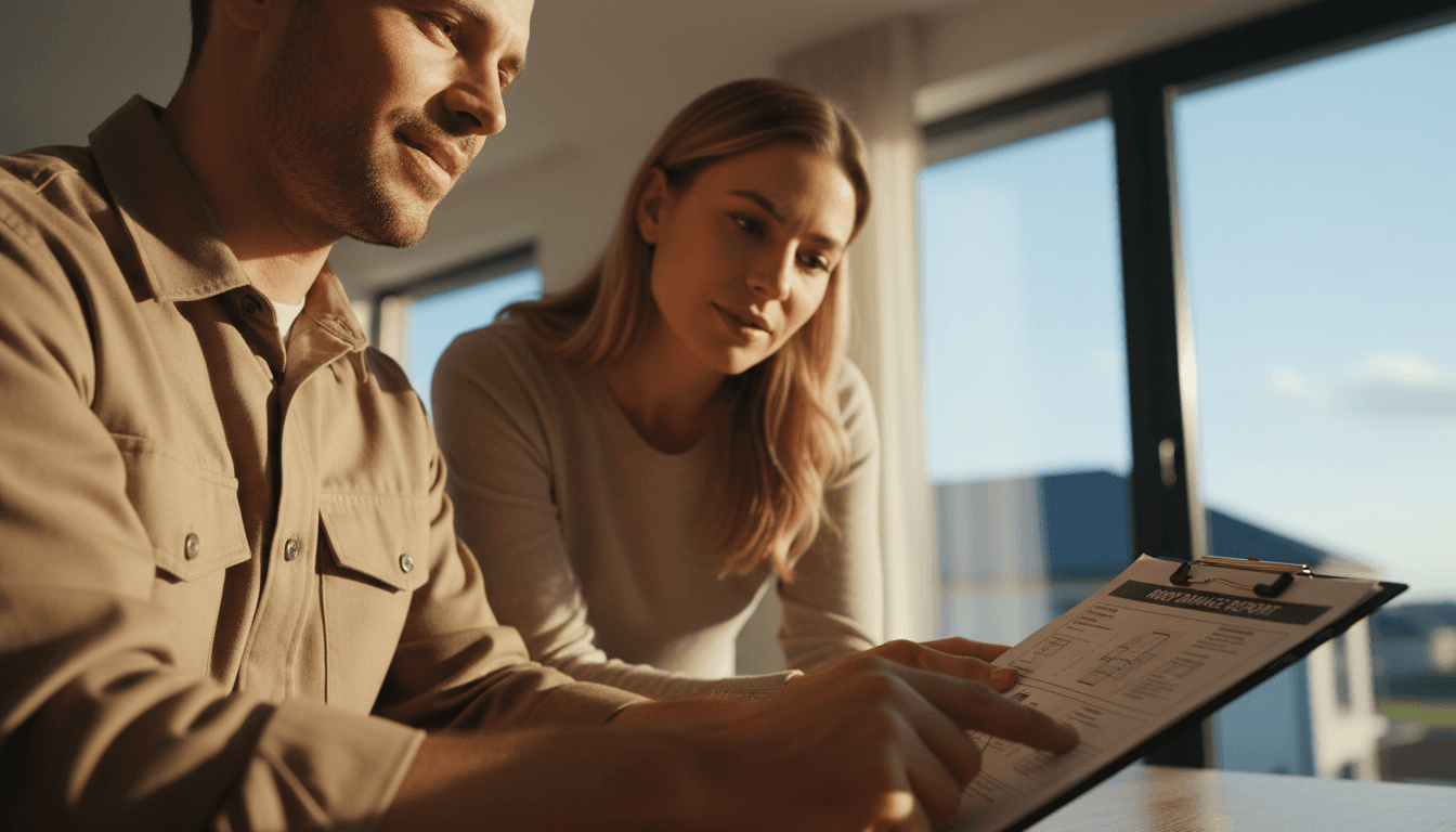 Roofing inspector reviewing roof damage documentation with homeowner