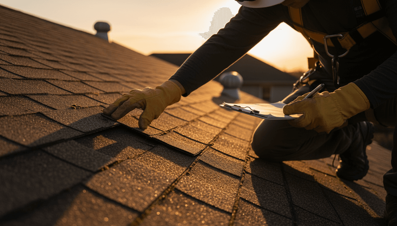 Professional roof inspector examining shingles during home inspection