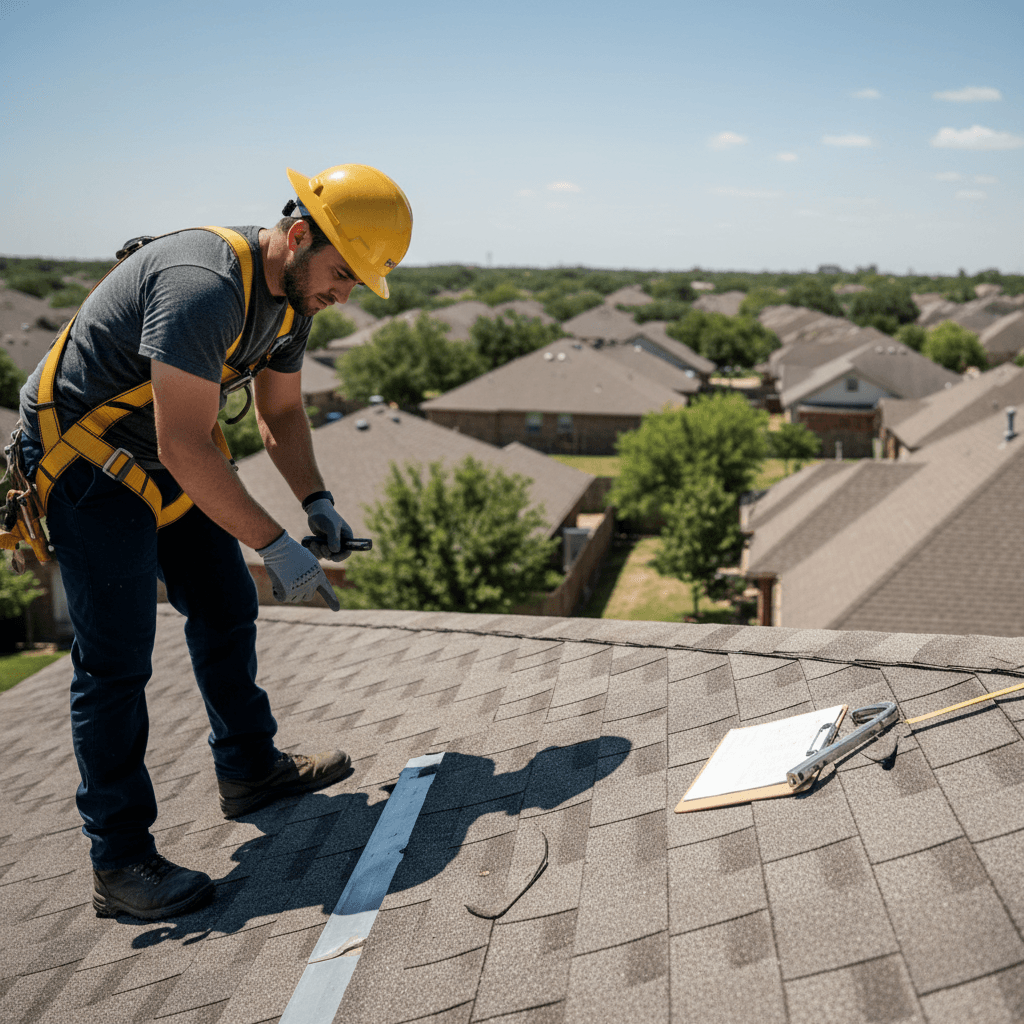 Roofing professional conducting free roof inspection on Houston home