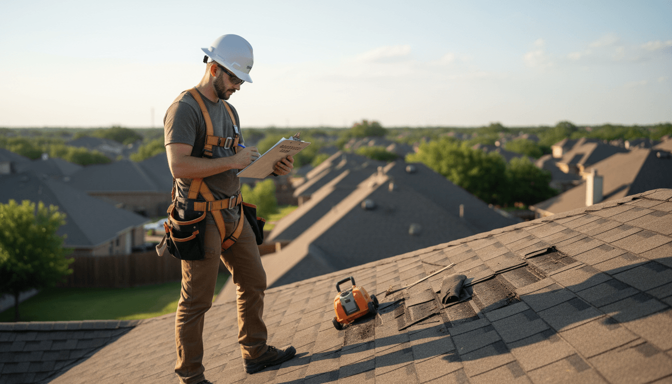 Roofing inspector examining roof damage on a Houston home
