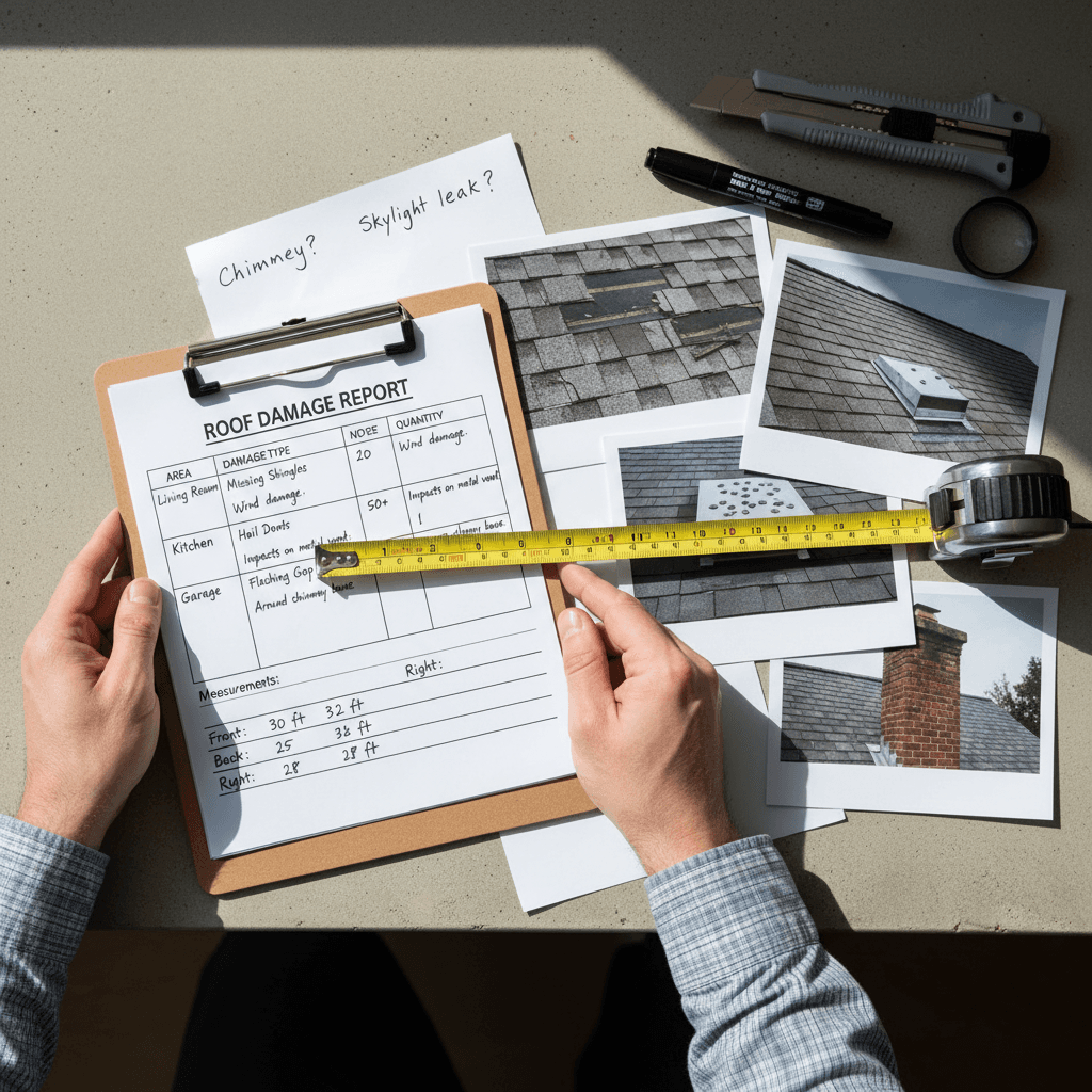 Professional roof damage assessment and measurement documentation for insurance claim