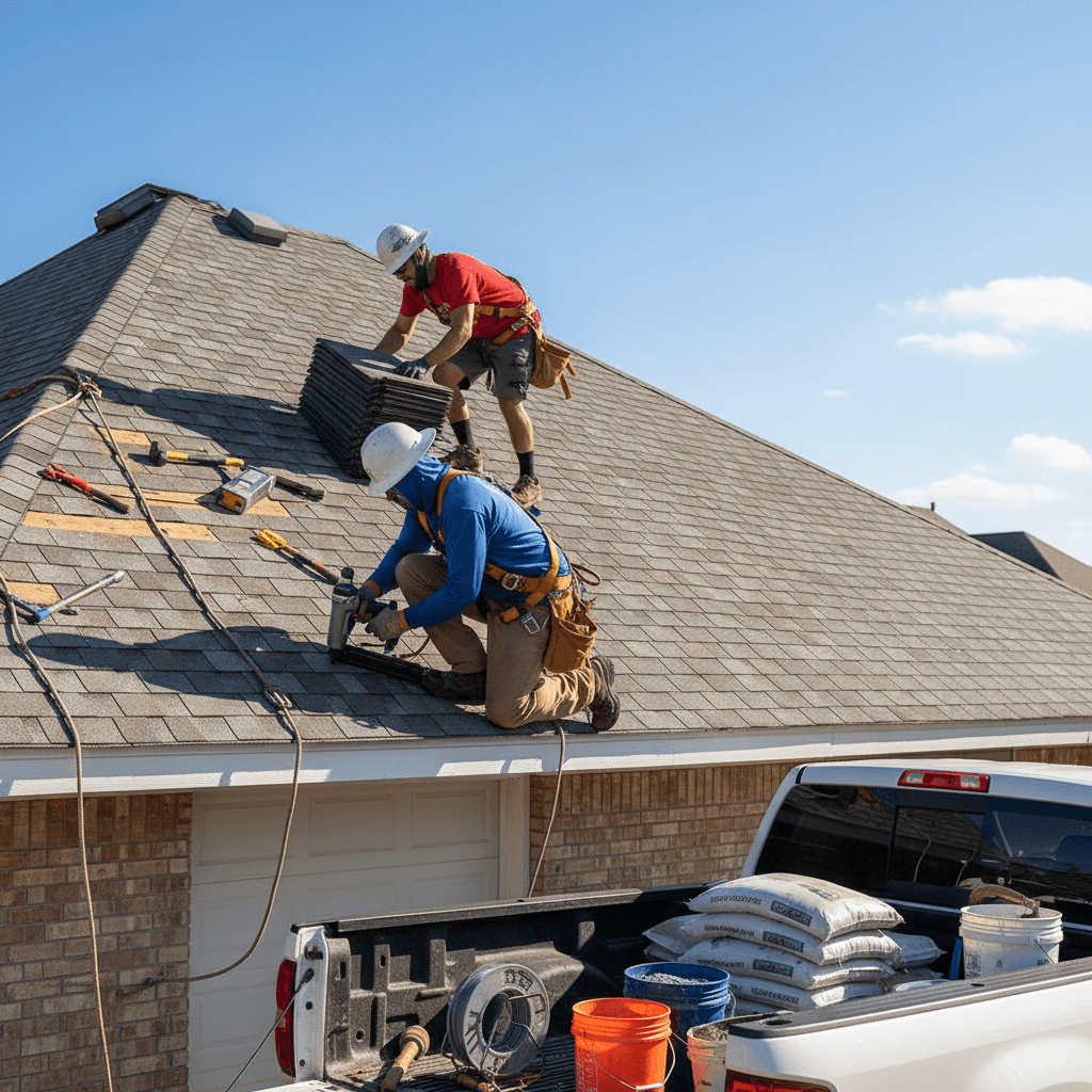 Texas Roof Approved roofing crew performing approved roof repairs on Houston home