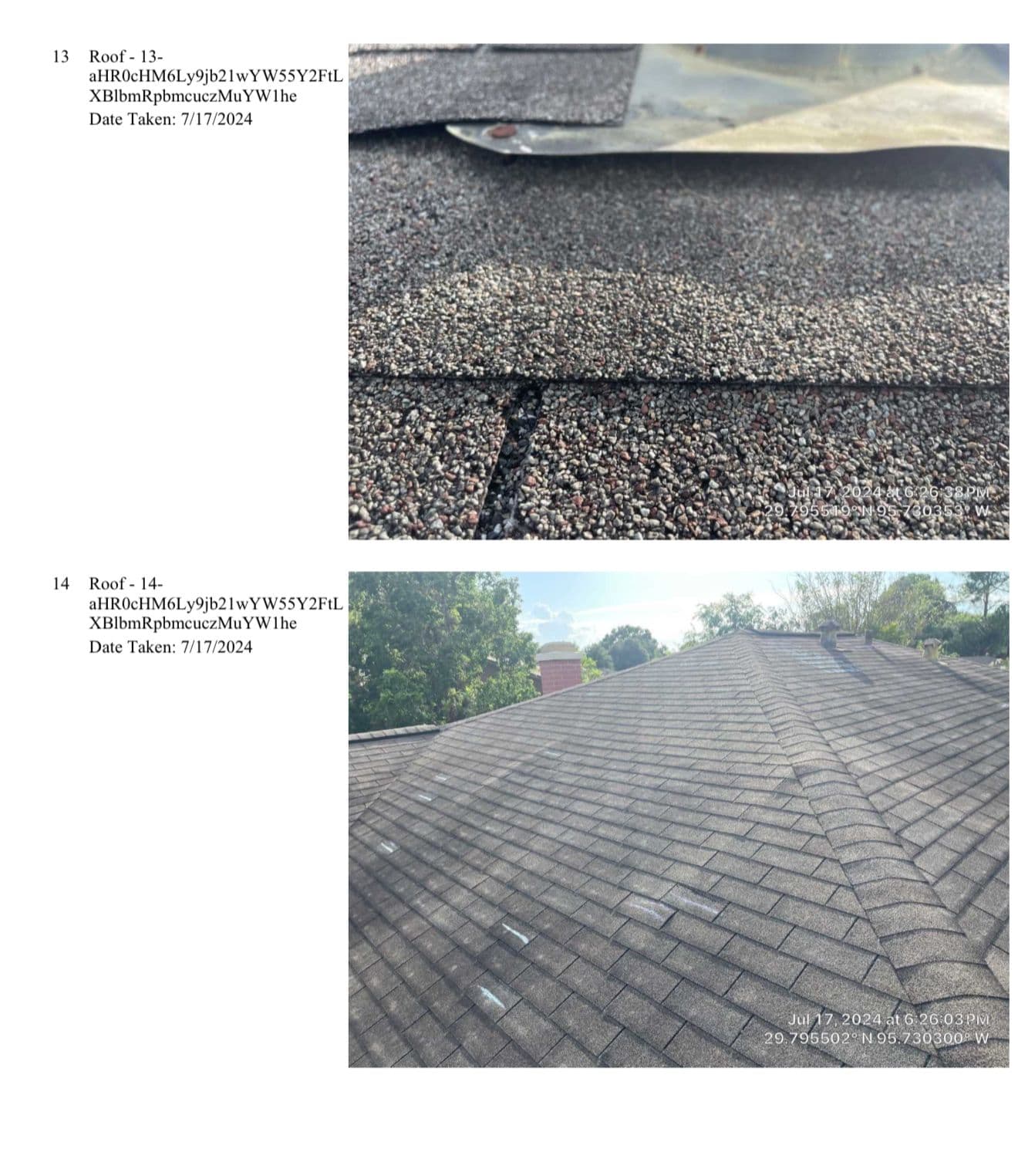 Close-up and wide-angle inspection photos of grey asphalt shingles on a residential roof.
