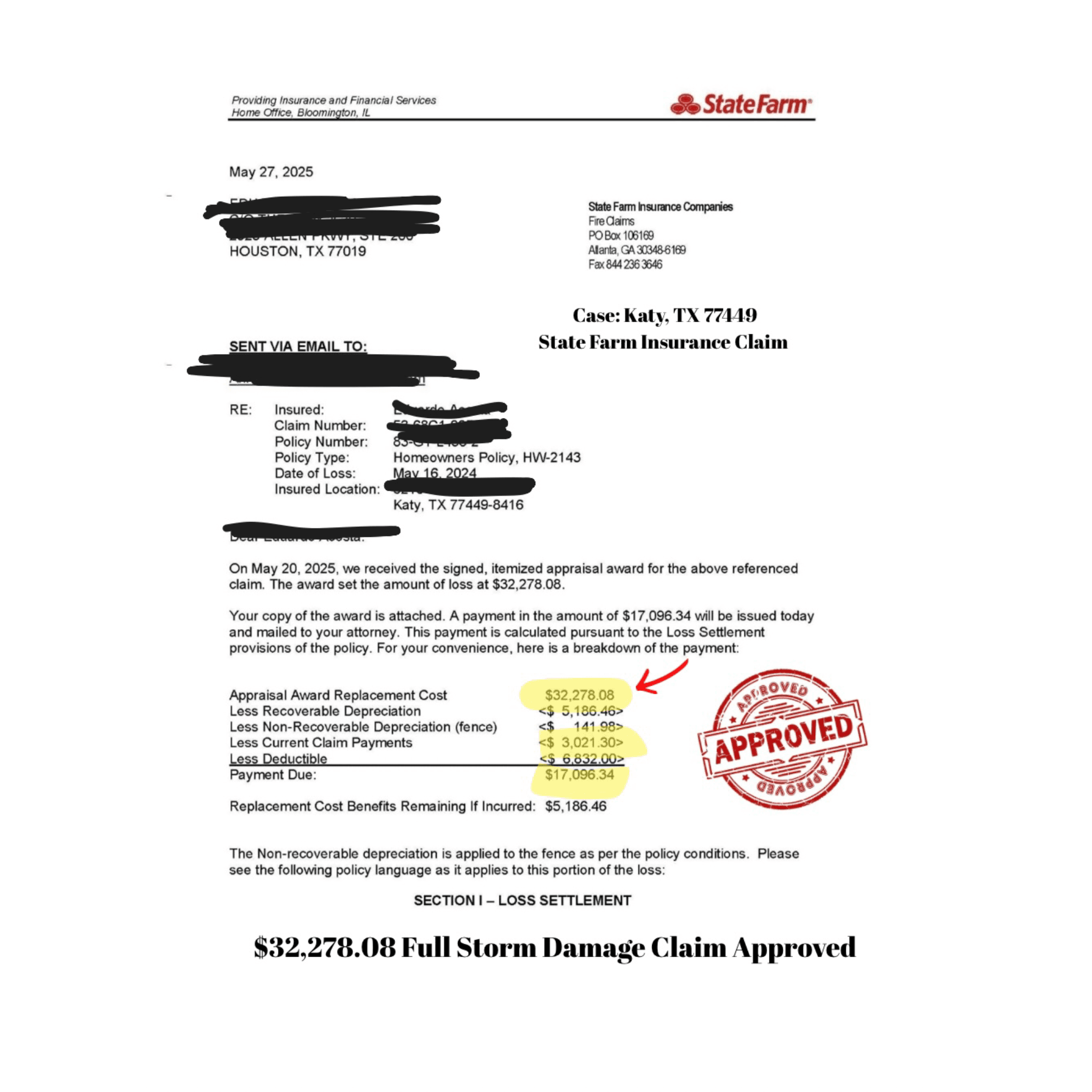 State Farm insurance letter approving a $32,278.08 storm damage claim with a red 'APPROVED' stamp.