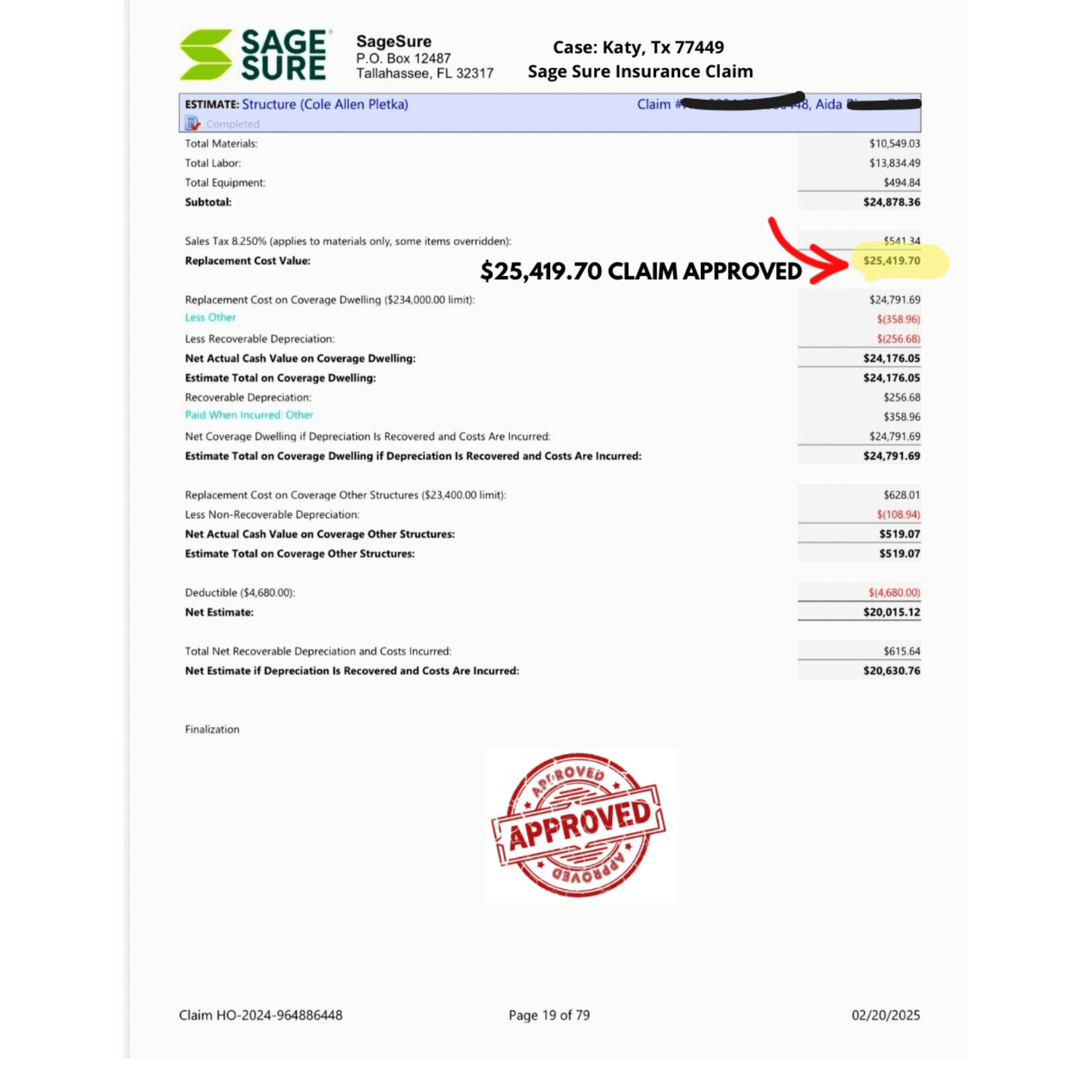 SageSure insurance claim document showing an approved replacement cost value of $25,419.70 with red stamp.
