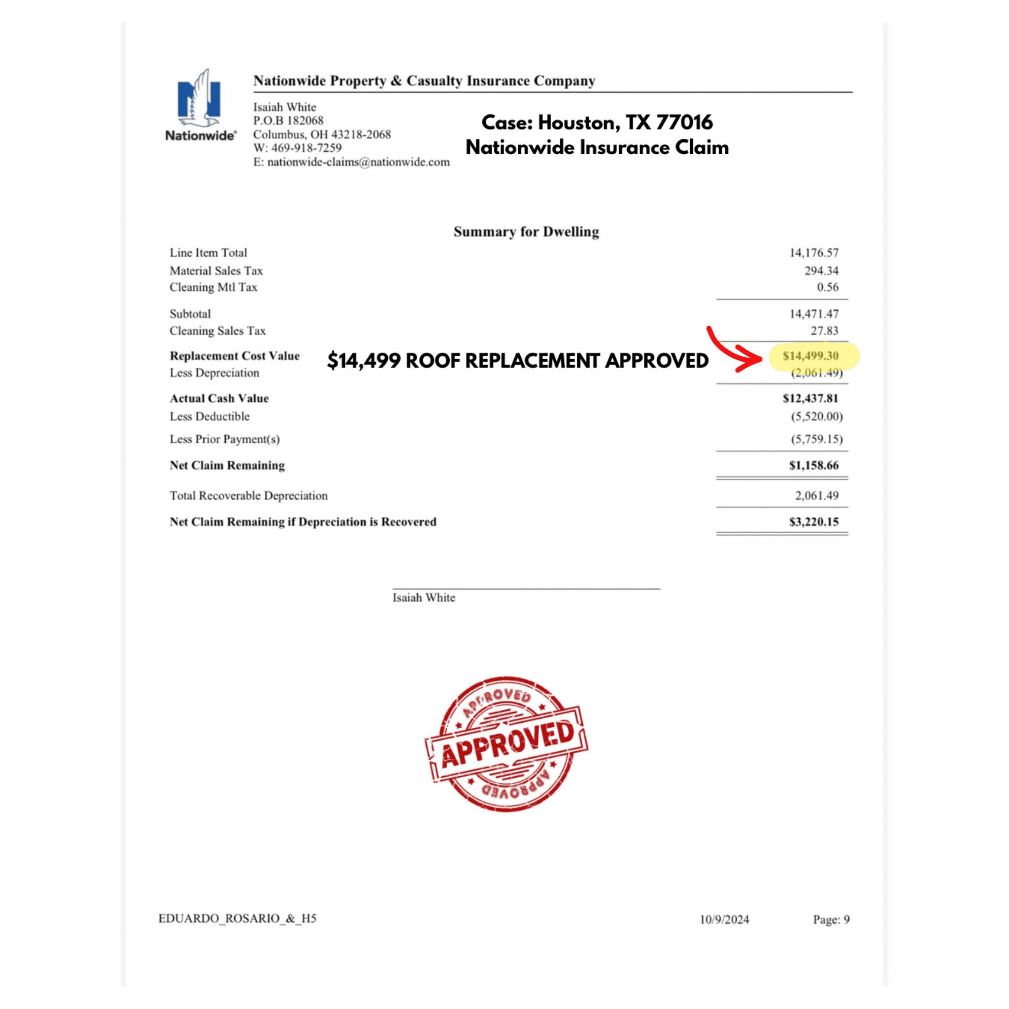 Nationwide insurance claim summary for Houston roof replacement showing $14,499.30 approved with a red stamp.