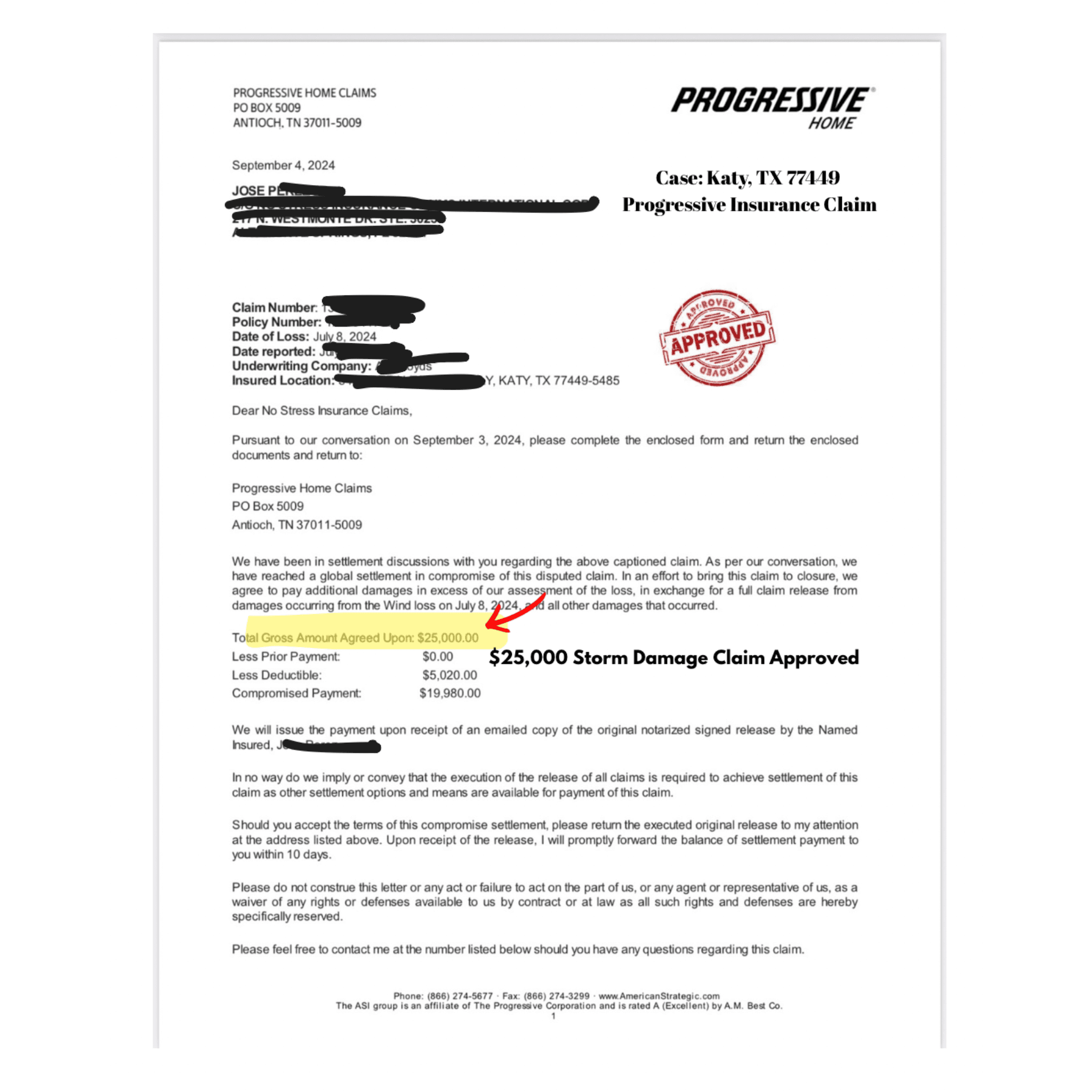 Progressive Home insurance letter showing a $25,000 storm damage claim approved for Katy, Texas.